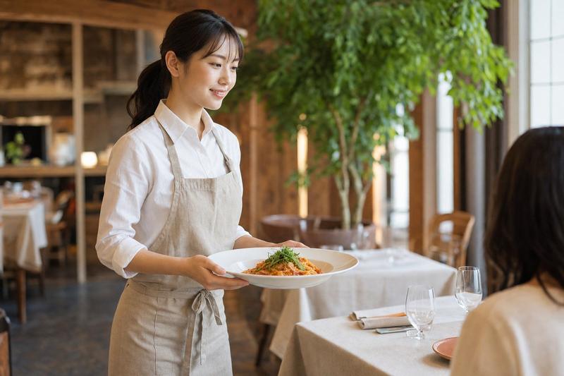 店内でパスタを運ぶ若い女性スタッフ